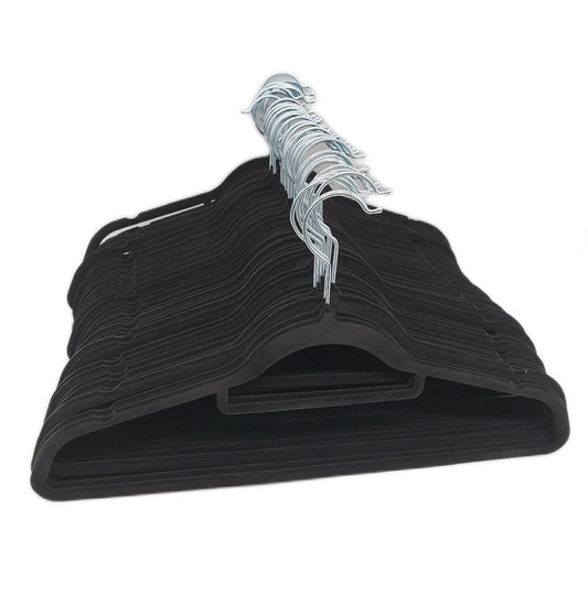 PORTENTUM Velours Kleiderbügel 50er Set Schwarz. Zubehörhalter Haken