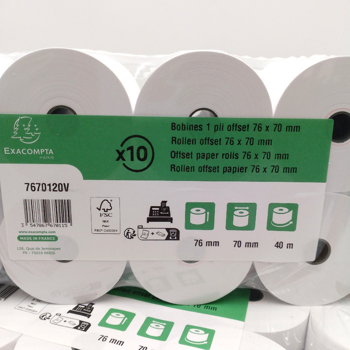 Exacompta 7670120V 50er Pack Kassenrollen, 1-lagig Offsetholzfrei standard, Breite: 76mm, Länge 40m, Durchmesser Kern 12mm, 60g/m², extra-weiß für Kassen Kassenrolle