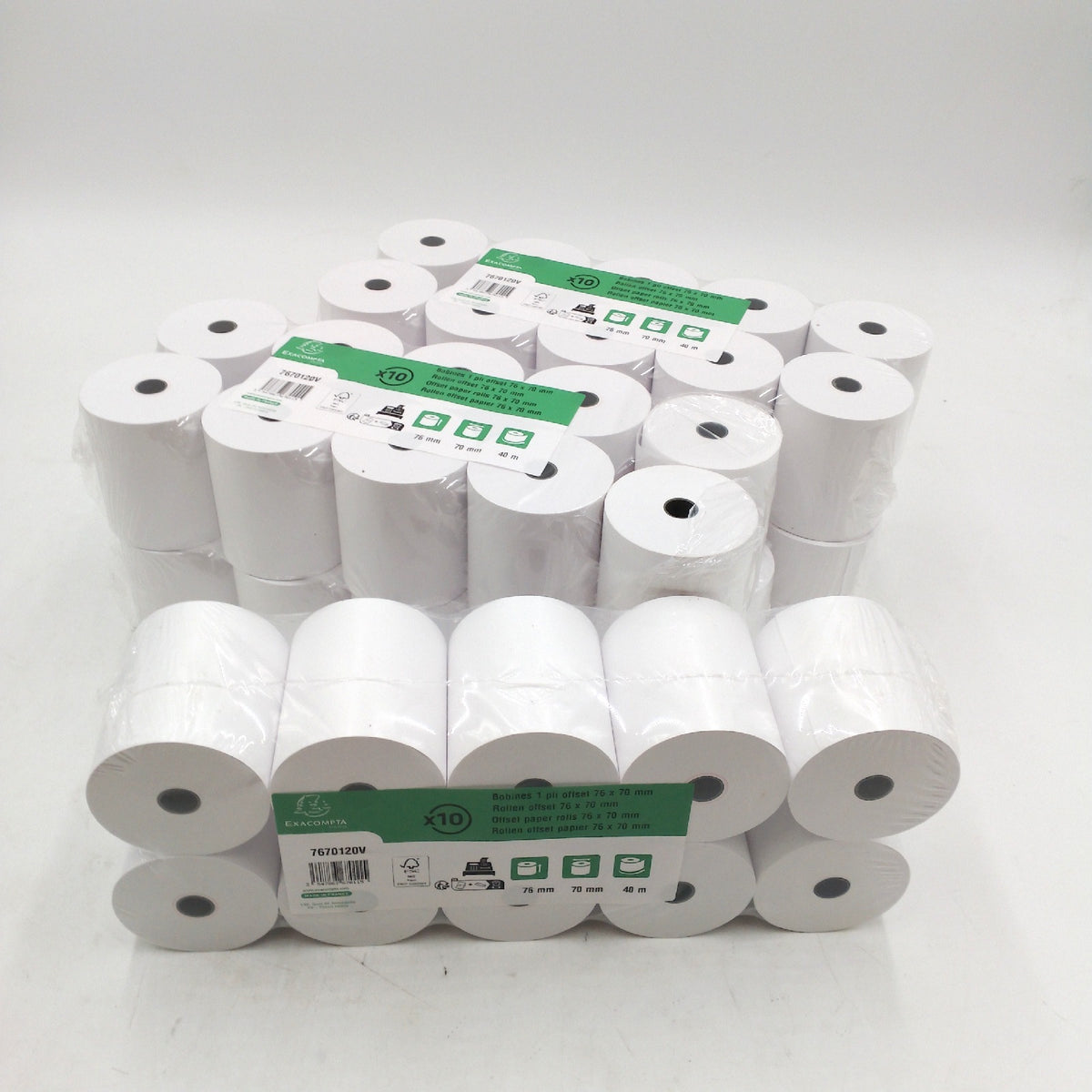 Exacompta 7670120V 50er Pack Kassenrollen, 1-lagig Offsetholzfrei standard, Breite: 76mm, Länge 40m, Durchmesser Kern 12mm, 60g/m², extra-weiß für Kassen Kassenrolle