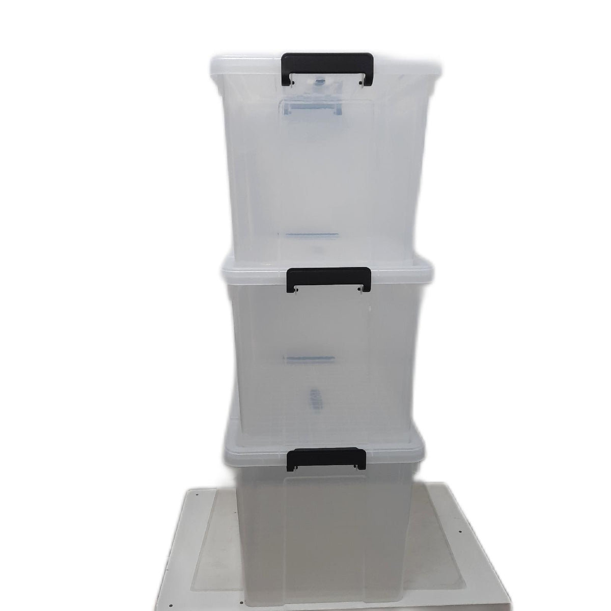 SpaceXpert Aufbewahrungsboxen, Lagerboxen, Tragefähige Kunststoffboxen mit Griff, Stapelfähiger Organisationsbehälter für Schlafzimmer, Unrat, Schule, Transparent, 90L (4er Set)