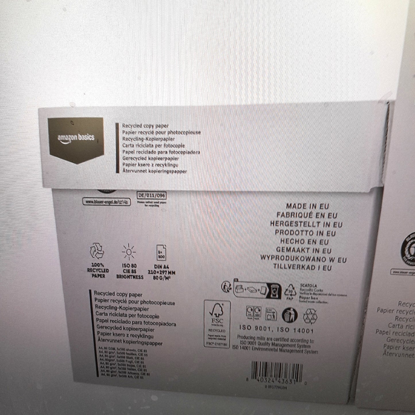 Amazon Basics 100% Recyclingpapier A4 80 g/m², 5 Packungen à 500 Blatt pro Karton