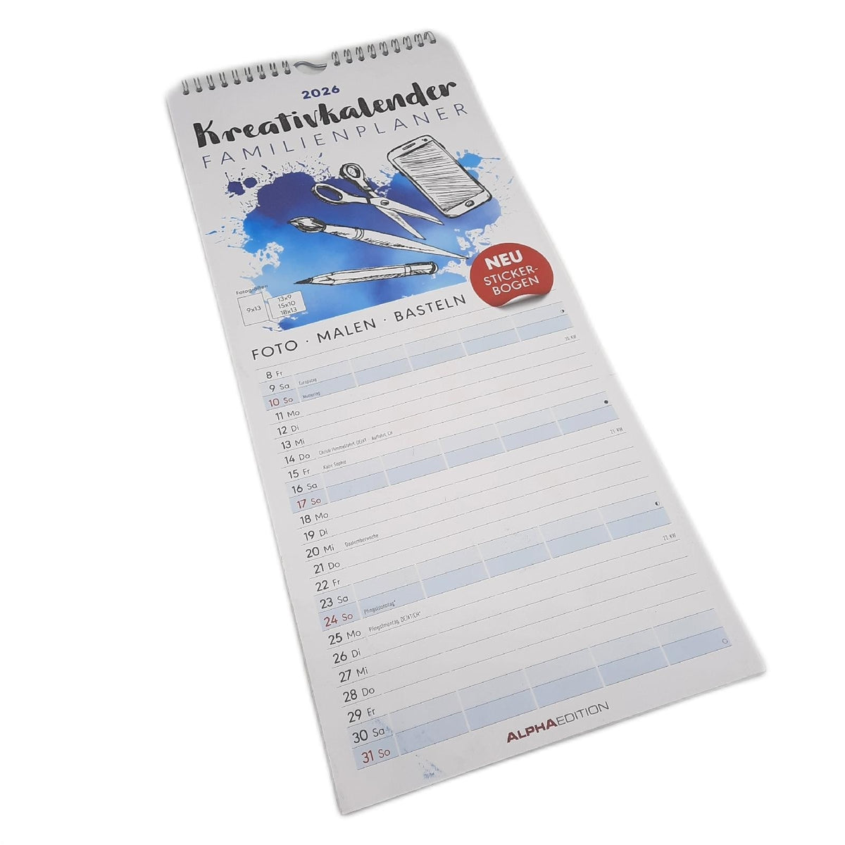 Alpha Edition - Kreativ-Kalender Familienplaner 2026 – Bastelkalender 19,5×45 cm mit 5 Spalten – individuell gestaltbar mit Foto, Zeichnung & Bastelideen – mit Notizplatz, inkl. Stickerbogen