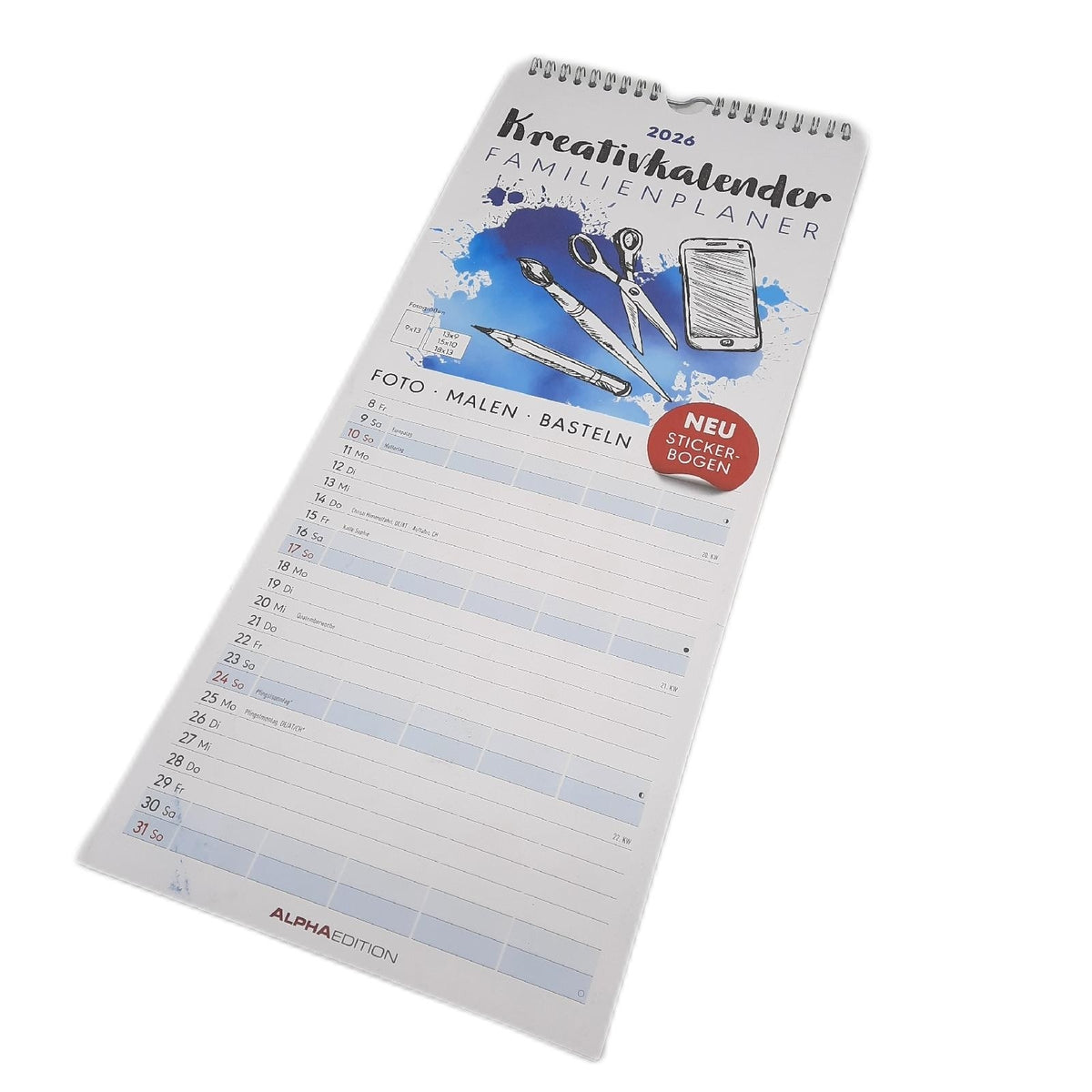 Alpha Edition - Kreativ-Kalender Familienplaner 2026 – Bastelkalender 19,5×45 cm mit 5 Spalten – individuell gestaltbar mit Foto, Zeichnung & Bastelideen – mit Notizplatz, inkl. Stickerbogen