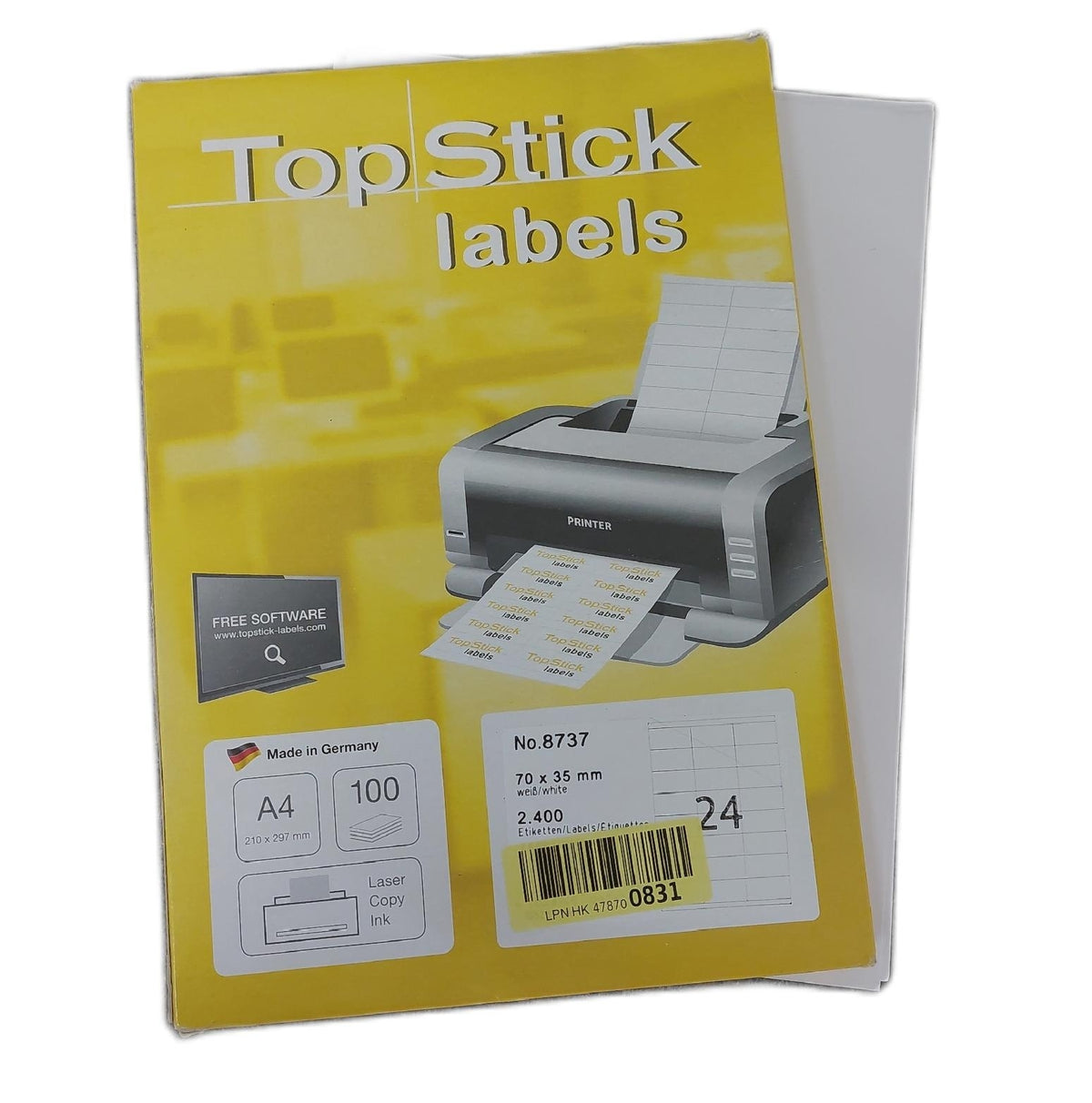 TopStick 8737 Universal Etiketten, 100 Blatt, 70 x 35 mm, 24 pro A4 Bogen, 2400 Stück, selbstklebend, bedruckbar, matt, blanko Papier Klebeetiketten Aufkleber, weiß