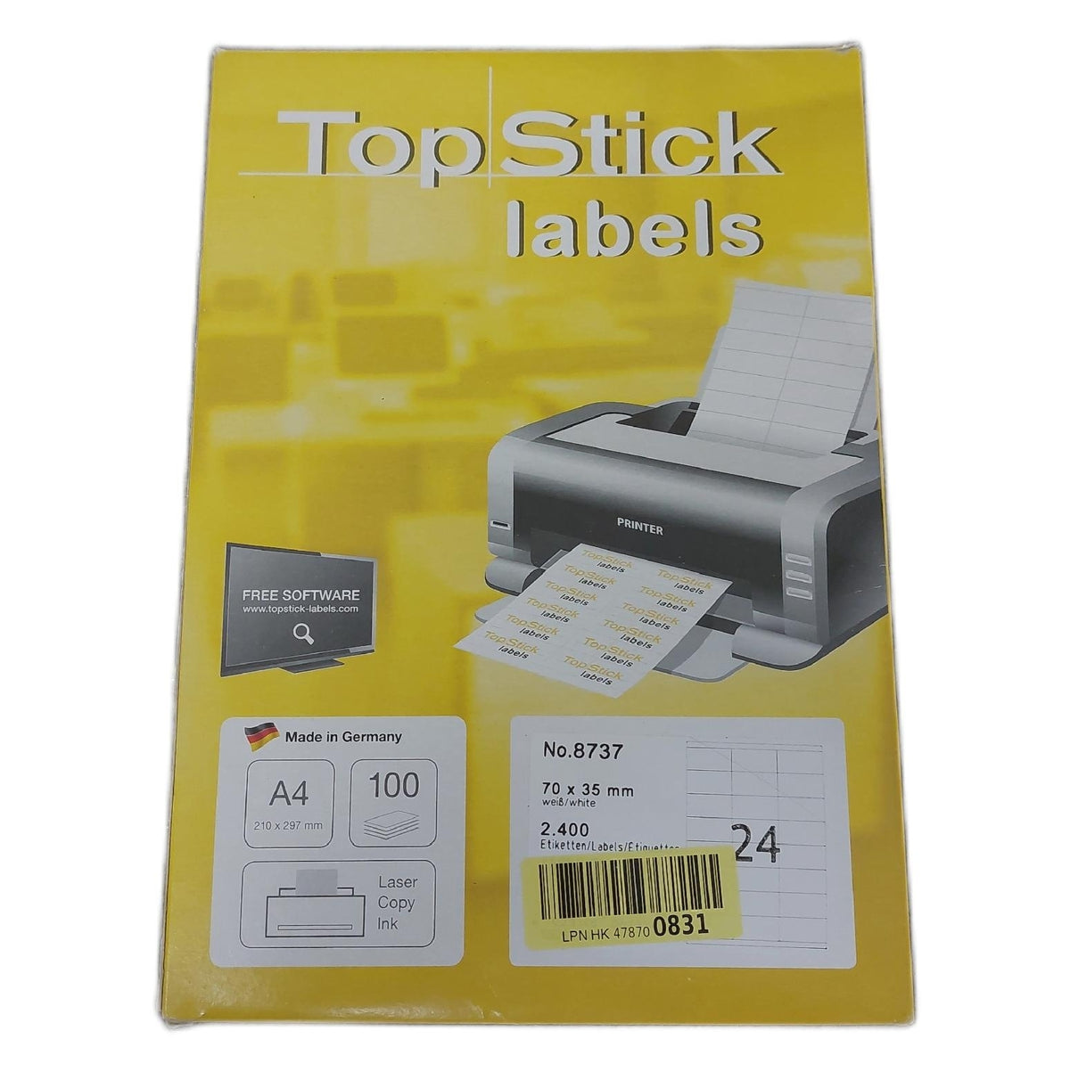 TopStick 8737 Universal Etiketten, 100 Blatt, 70 x 35 mm, 24 pro A4 Bogen, 2400 Stück, selbstklebend, bedruckbar, matt, blanko Papier Klebeetiketten Aufkleber, weiß