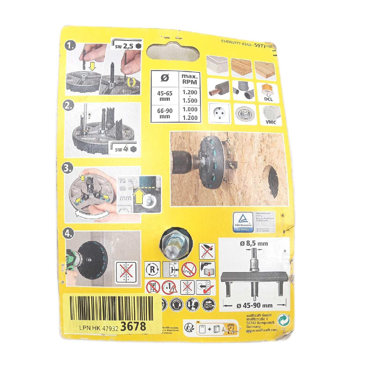 Wolfcraft Verstellbare Lochsäge 5977000 Universal Kreisschneider 45 bis 90 mm Holz Gipsplatten