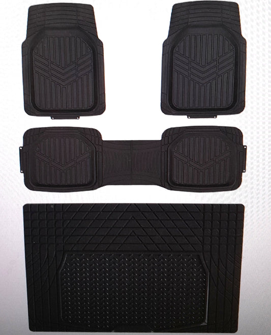 Amazon Basics Universal-Fußmatten-Set, strapazierfähig, aus PVC, 4 Stück, mit Gepäckträger, Allwetterschutz, wasserdichter Rand, passend für Autos, SUVs, Limousinen, Lastwagen, Schwarz