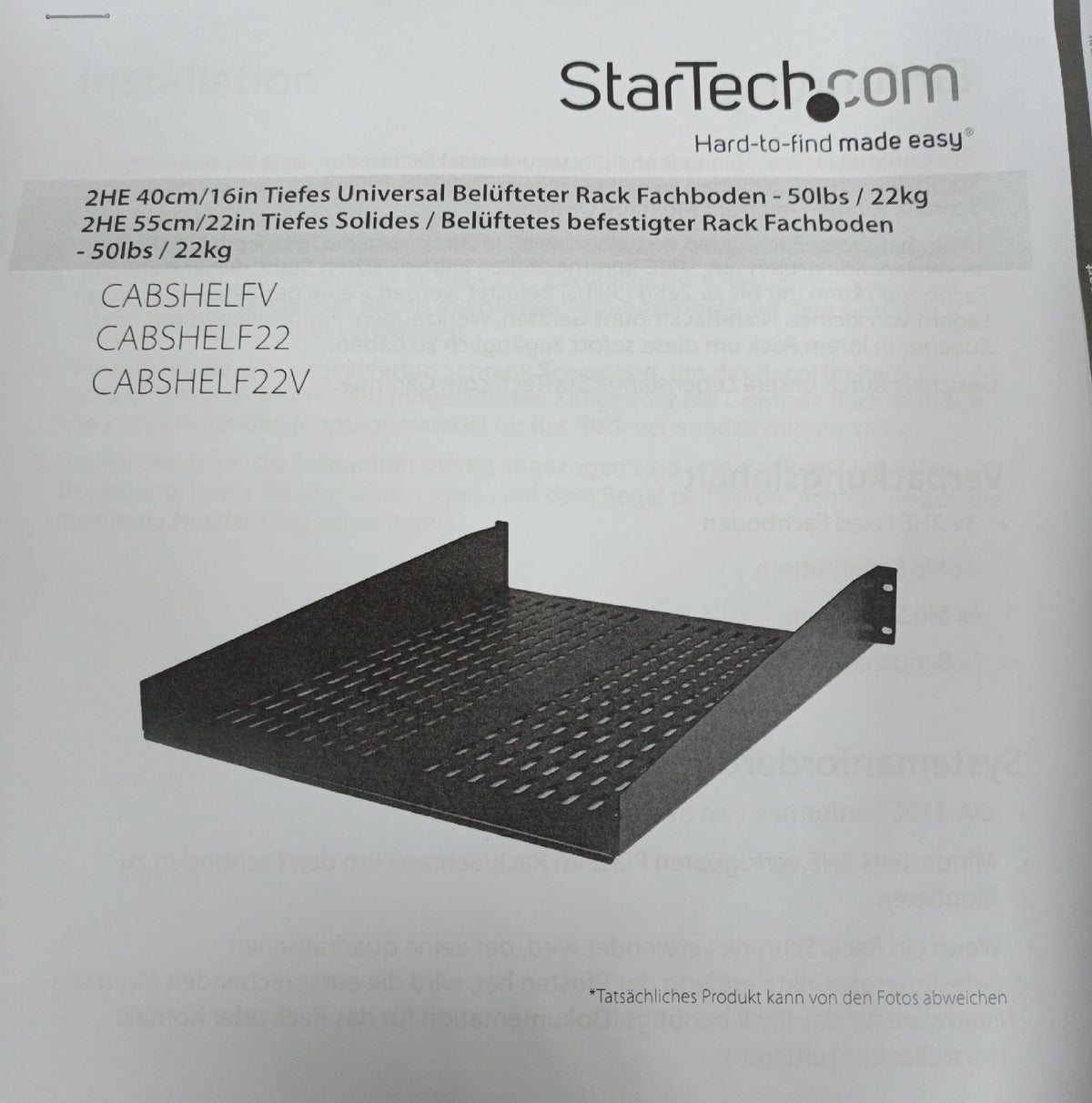 StarTech.com CABSHELF22V 2HE Rack-Fachboden 19 Zoll 55,8 cm tief