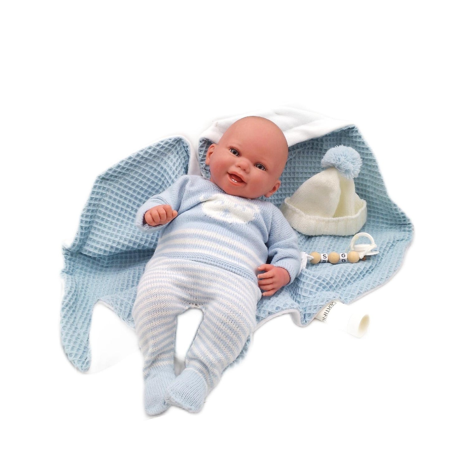 Arias Rebornpuppe Babys Puppe 40 cm blau weiß gestreifte Kleidung passende De