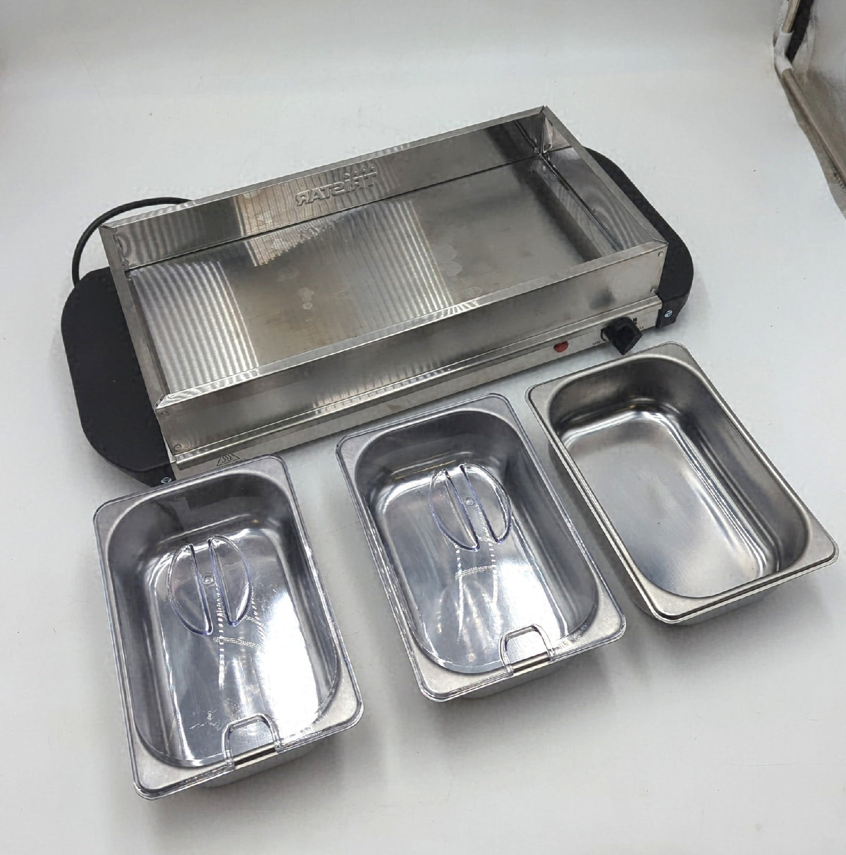 Tristar Edelstahl Buffetwärmer einstellbares Thermostat unvollständig Plastikdeckel fehlt leichte Gebrauch
