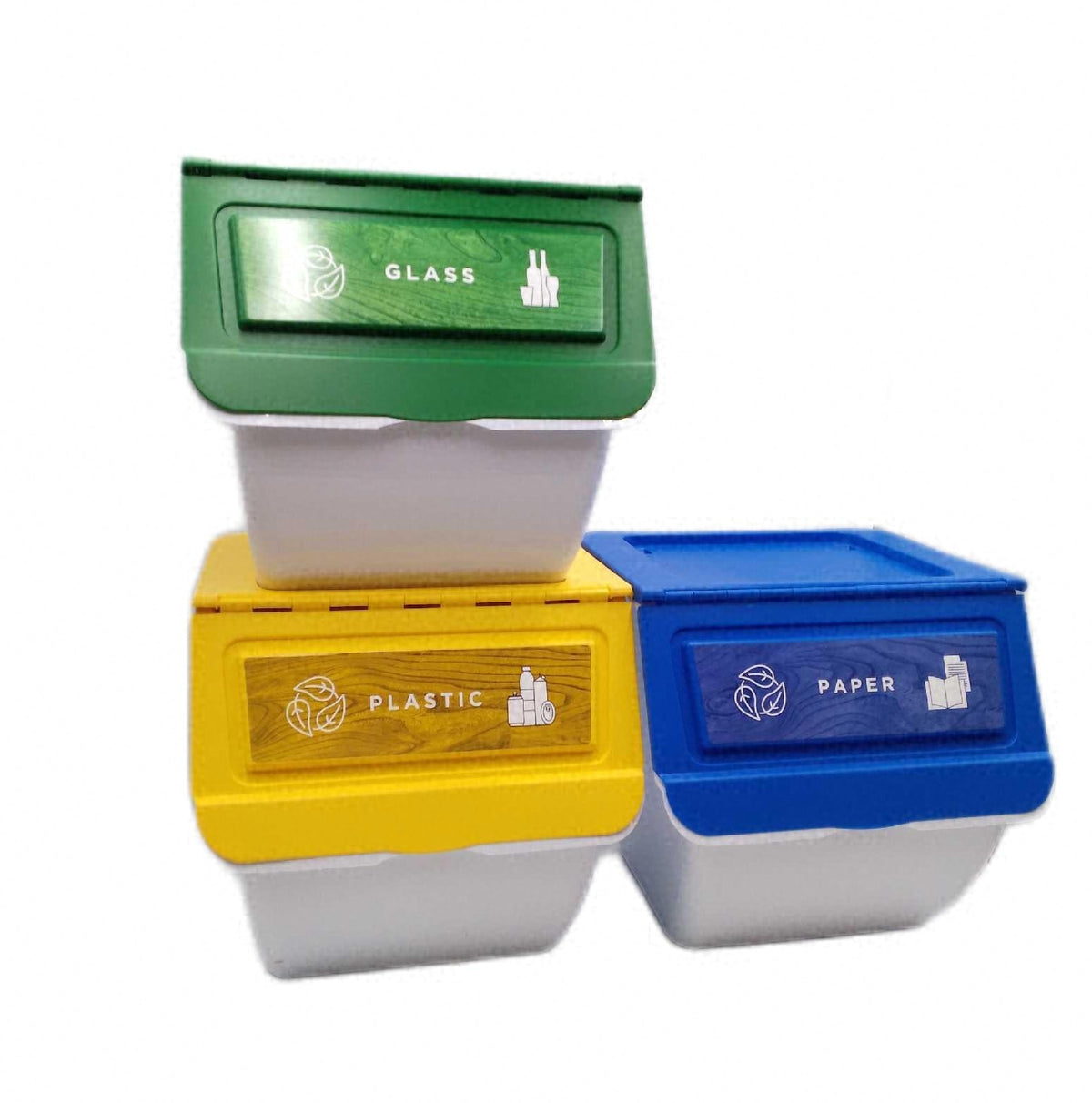 DRW Set stapelbare Recycling Abfalleimer 3er Set je 36 Liter fuer Glas Papier Kunststoff
