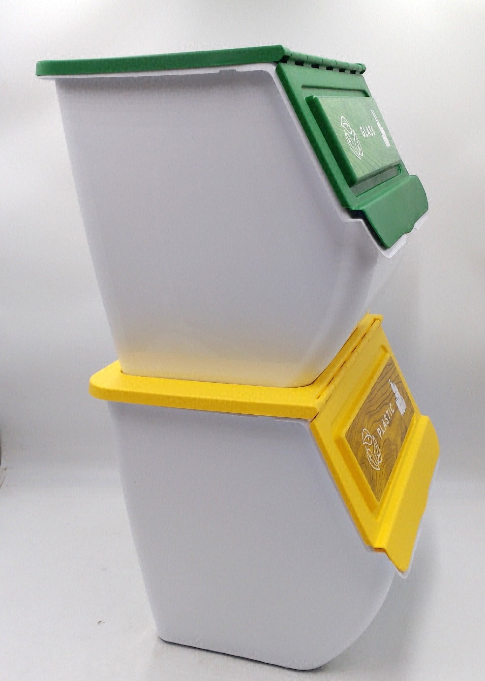 DRW Set stapelbare Recycling Abfalleimer 3er Set je 36 Liter fuer Glas Papier Kunststoff