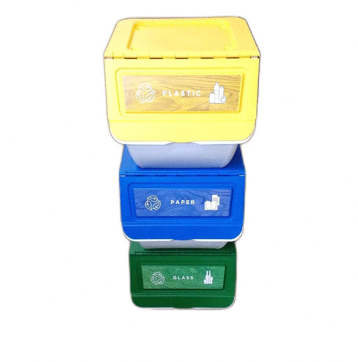 DRW Set stapelbare Recycling Abfalleimer 3er Set je 36 Liter fuer Glas Papier Kunststoff