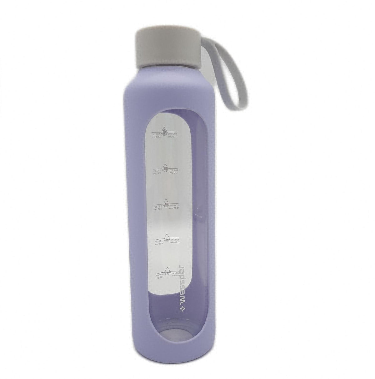 Wessper Trinkflasche Glas 500ml Violett mit Hydrationsskala robuste Glasflasche