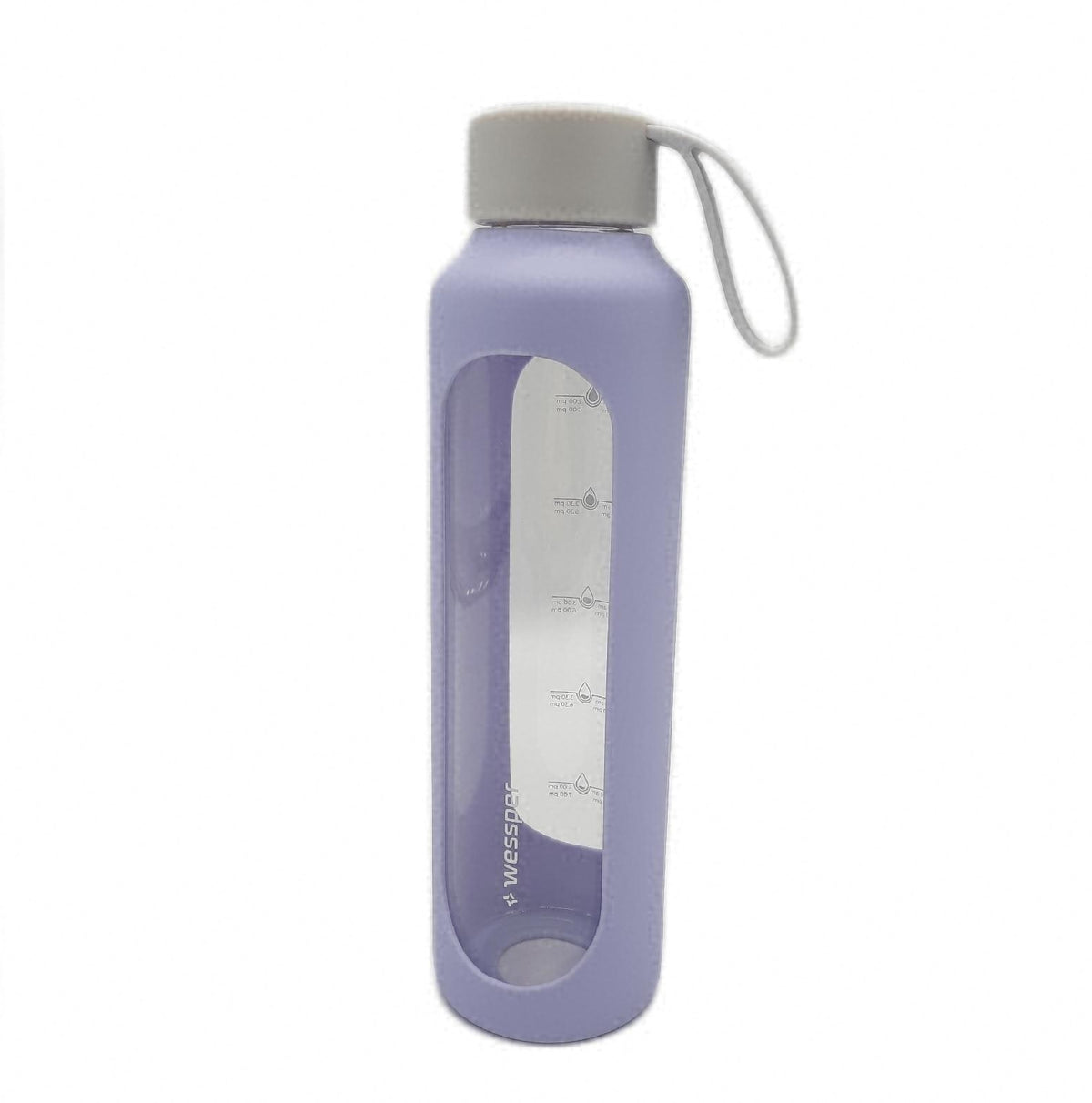 Wessper Trinkflasche Glas 500ml Violett mit Hydrationsskala robuste Glasflasche