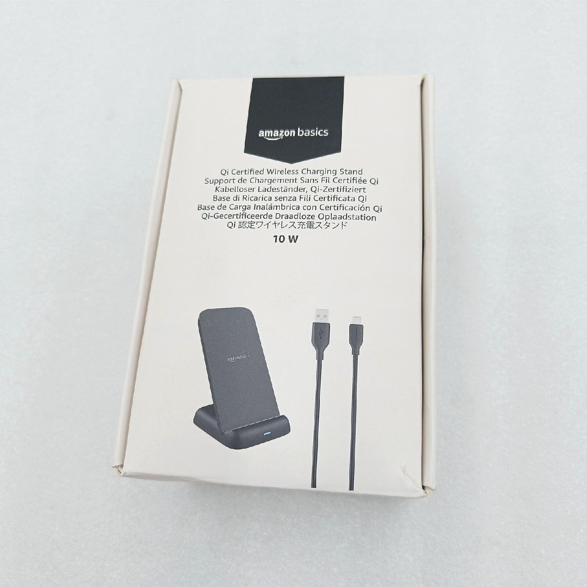 Amazon Basics Ladeständer Wireless Ladegerät Qi 10W iPhone Samsung Schnellladen Schwarz USB Kabel