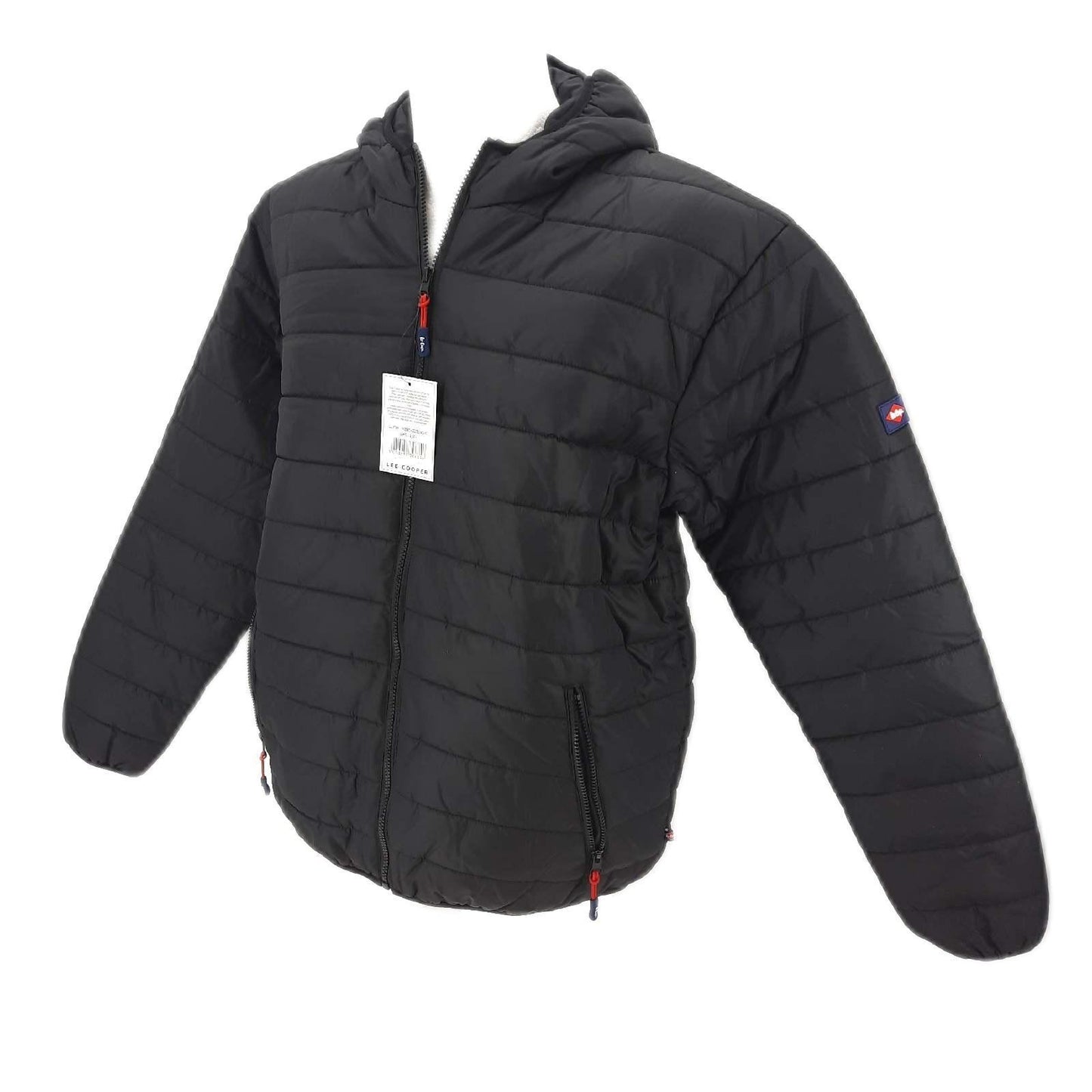 Lee Cooper Workwear Herren-Steppjacke mit durchgehendem Reißverschluss, Thermo-Arbeitskleidung, mit Kapuze, gepolstert, Schwarz, L