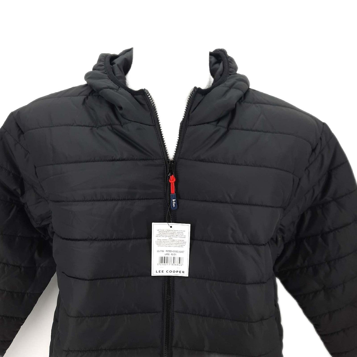 Lee Cooper Workwear Herren-Steppjacke mit durchgehendem Reißverschluss, Thermo-Arbeitskleidung, mit Kapuze, gepolstert, Schwarz, L