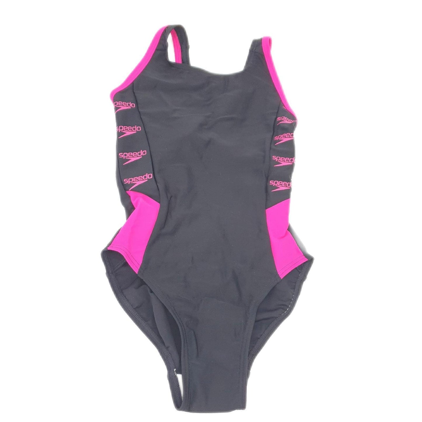 Speedo Mädchen Girls Boom Logo Splice Muscleback Badeanzug, Schwarz/Electric Rosa, 5-6 Jahre