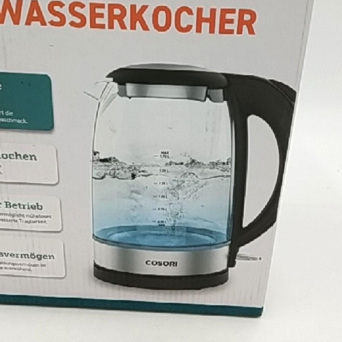 Cosori Elektrisch geschmolzen Wasserkocher Glas 17 Liter ohne Kunststoffkontakt ideal für Tee