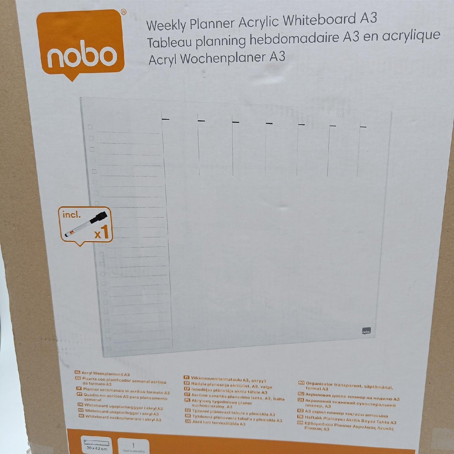 Nobo Mini-Whiteboard Wochenplaner, A3, Tisch-/Wandmontage, Trocken Abwischbares Acrylglas, Rahmenlos, 297 x 420 mm, Inklusive Markerstift und Montagepads, Durchsichtig, 1915615