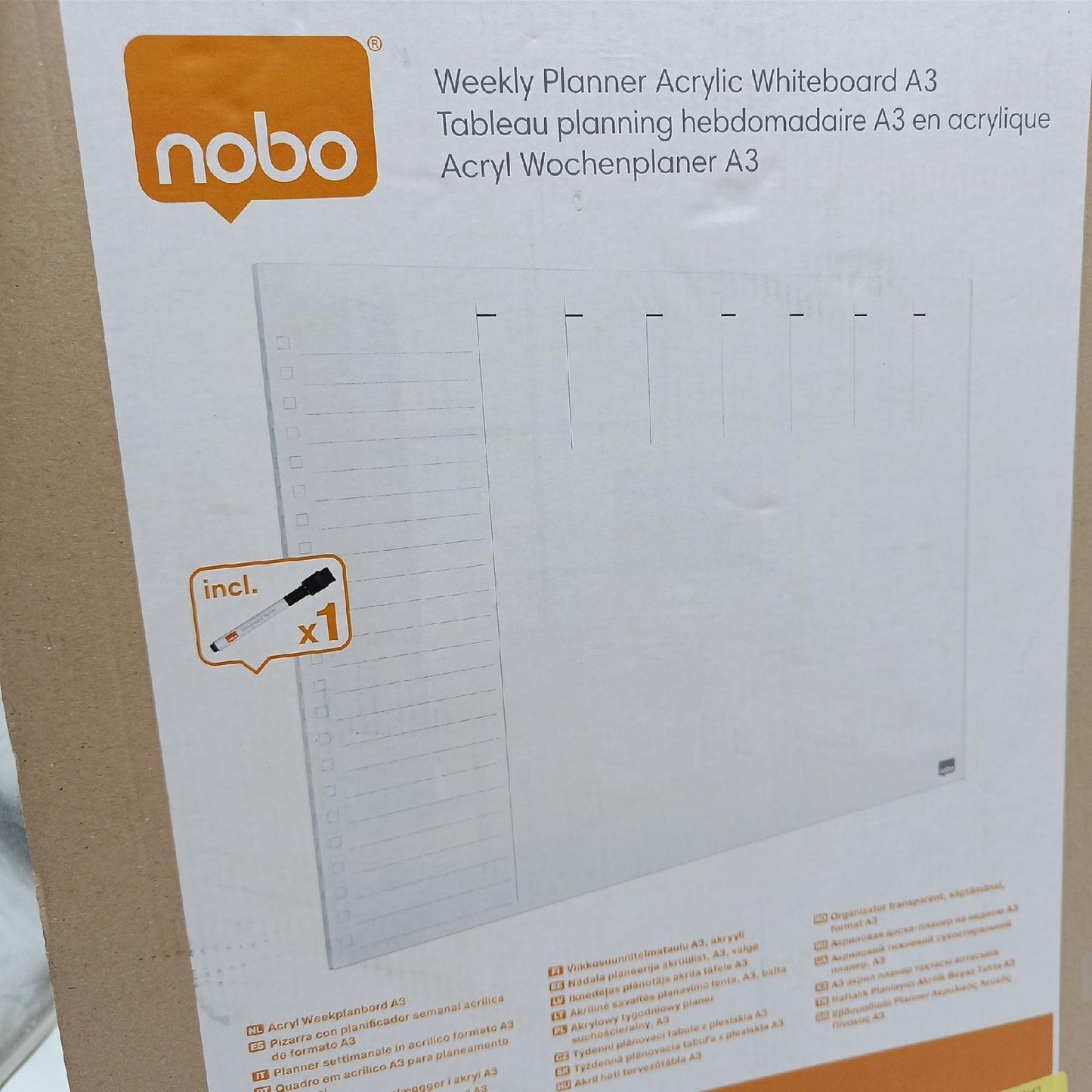 Nobo Mini-Whiteboard Wochenplaner, A3, Tisch-/Wandmontage, Trocken Abwischbares Acrylglas, Rahmenlos, 297 x 420 mm, Inklusive Markerstift und Montagepads, Durchsichtig, 1915615