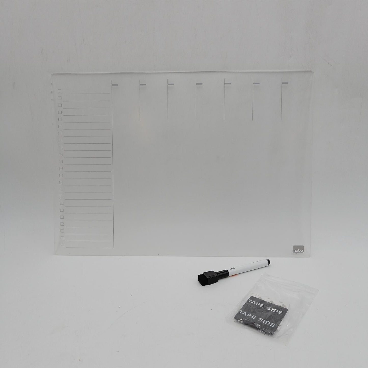 Nobo Mini-Whiteboard Wochenplaner, A3, Tisch-/Wandmontage, Trocken Abwischbares Acrylglas, Rahmenlos, 297 x 420 mm, Inklusive Markerstift und Montagepads, Durchsichtig, 1915615