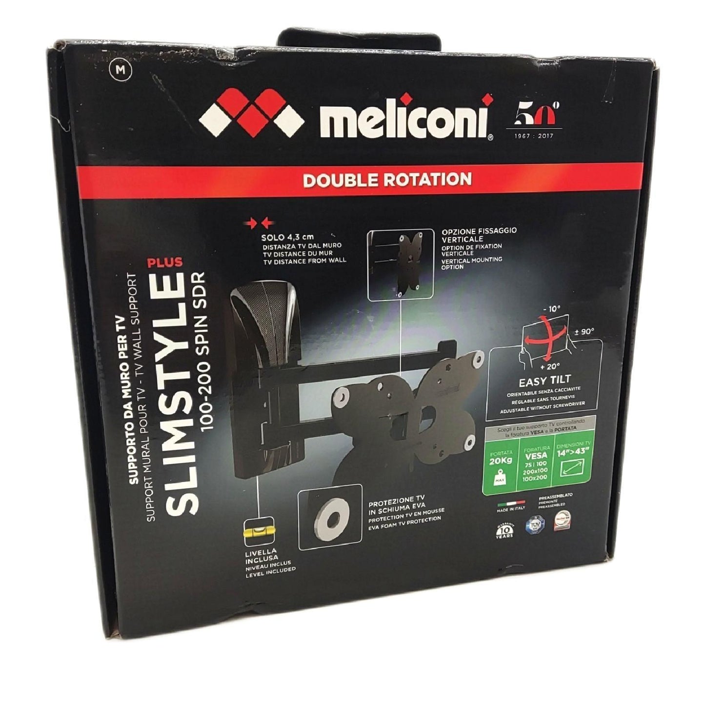 Meliconi Slimstyle Plus 100-200 Spin SDR, doppelarmige Wandhalterung für 14''-43''-Flachbildschirm-TVs, horizontal und vertikal schwenkbar, VESA 75-100-200x100, doppelarmig, Farbe schwarz