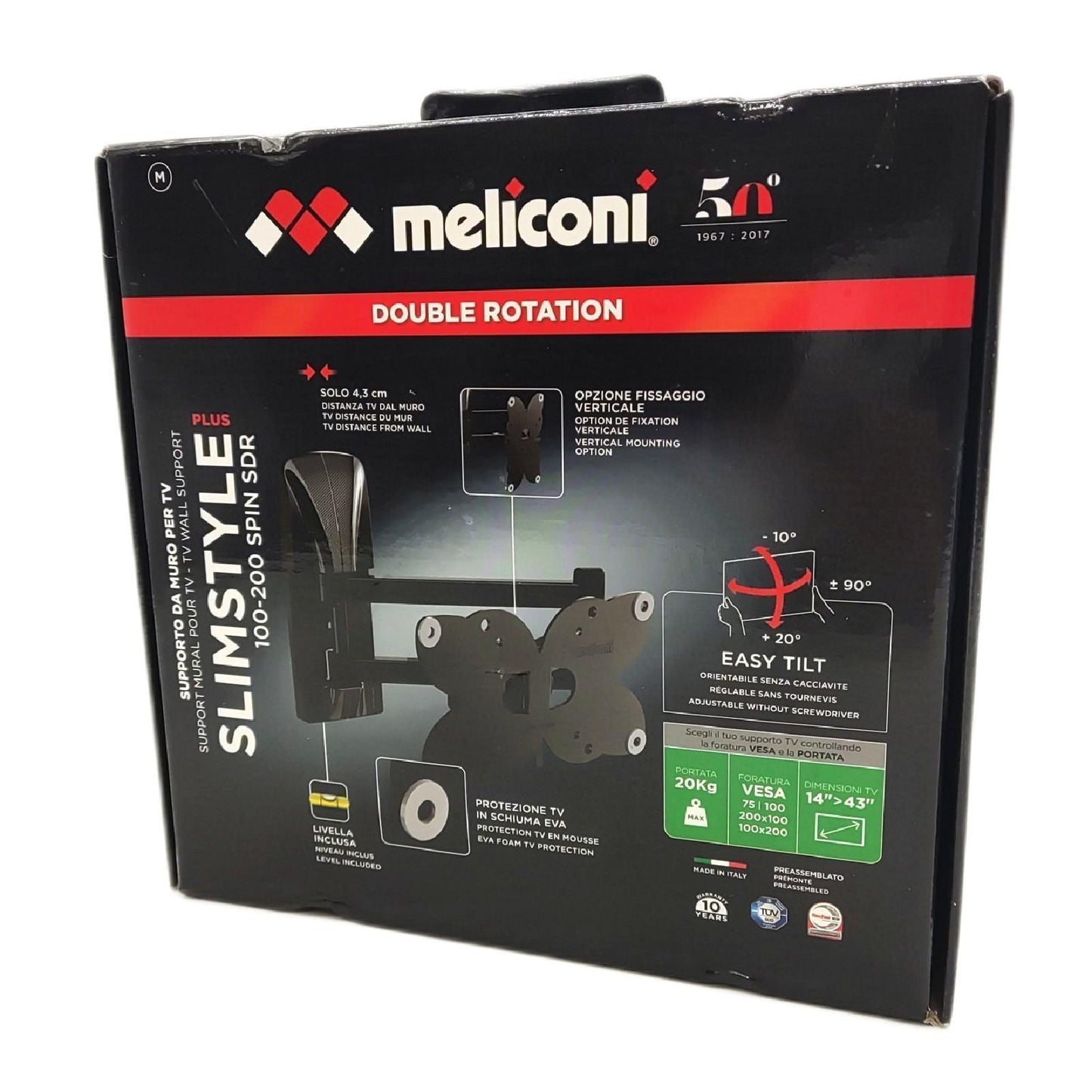 Meliconi Slimstyle Plus 100-200 Spin SDR, doppelarmige Wandhalterung für 14''-43''-Flachbildschirm-TVs, horizontal und vertikal schwenkbar, VESA 75-100-200x100, doppelarmig, Farbe schwarz