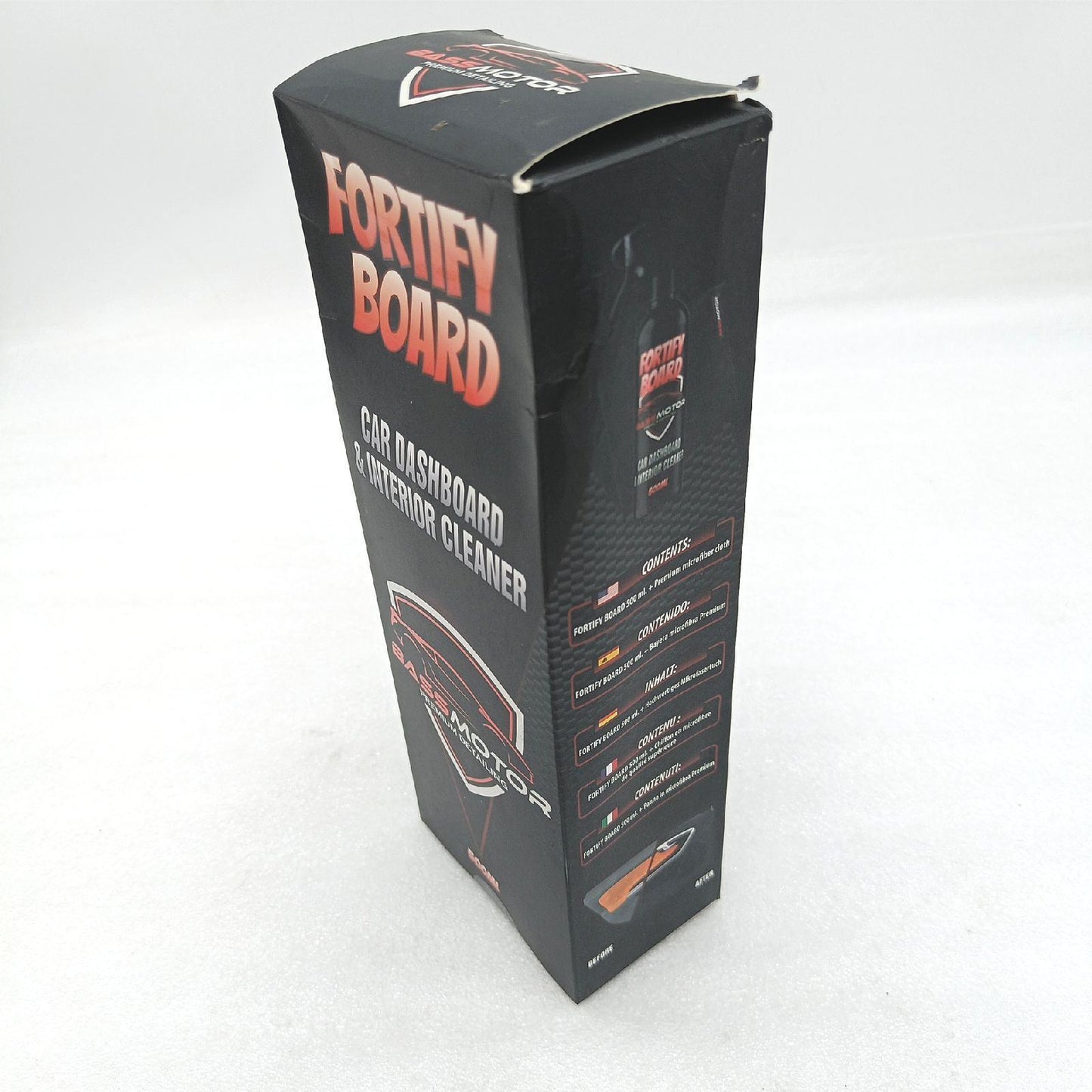 BassMotor Innenraumreiniger für Armaturenbrett & Kunststoffe im Auto, Spezial Anti-Staub, Natürliches Finish, Reinigt ohne Glanz, Frischer Duft für Innenraum - Fortify Board 500ml + Mikrofasertuch.