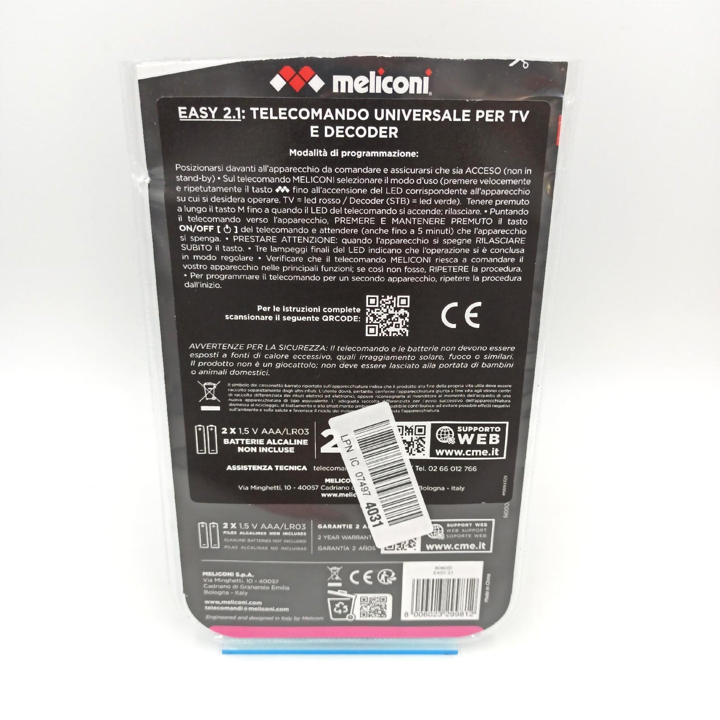 Meliconi Easy 2.1 Universal 2-in-1 Fernbedienung, ersetzt und kombiniert die Fernbedienungen von 1 TV und 1 Decoder, volles Tastenfeld, spezielle Tasten für Smart TV.
