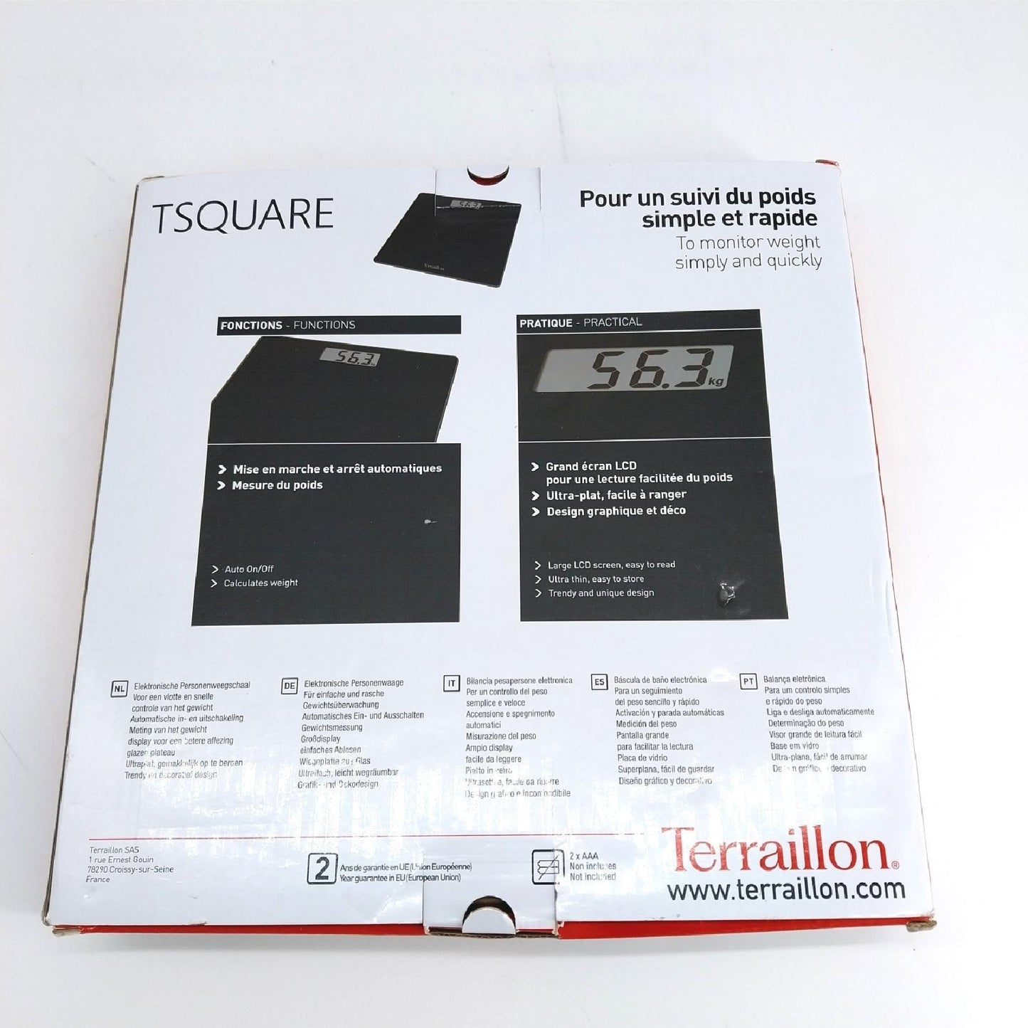 Terraillon Personenwaage TSQUARE SCHWARZ Kompakt ultraflach Plattform 26cm x 26cm Starke