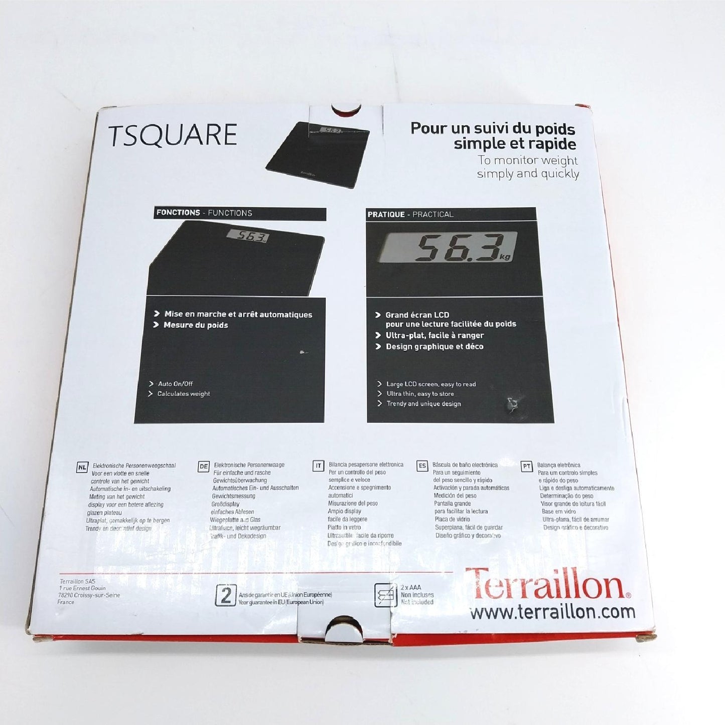 Terraillon Personenwaage TSQUARE SCHWARZ Kompakt ultraflach Plattform 26cm x 26cm Starke