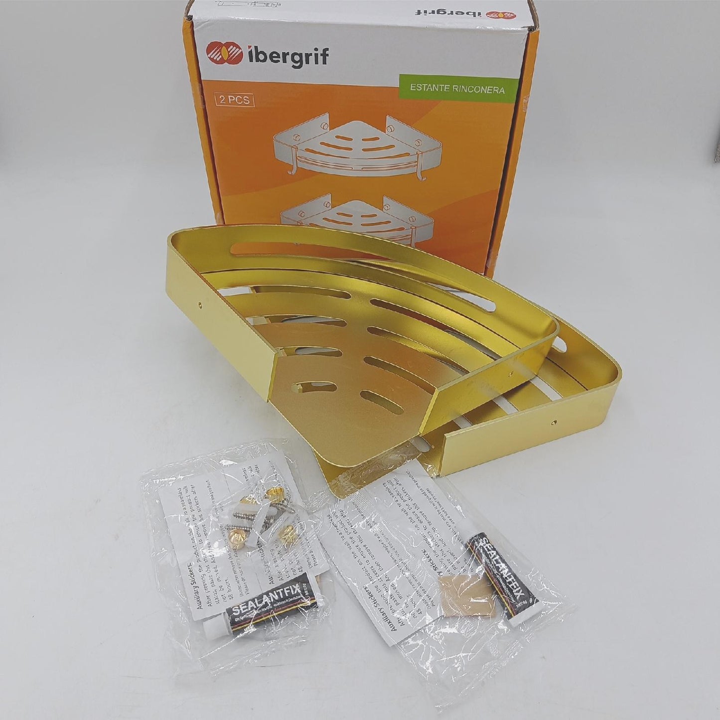 Ibergrif - Duschregal mit 2 Haken, Badezimmer-Organizer-Ecke, Ablagekorb, 3M ohne Bohrer, Aluminiumraum, 2 Packungen
