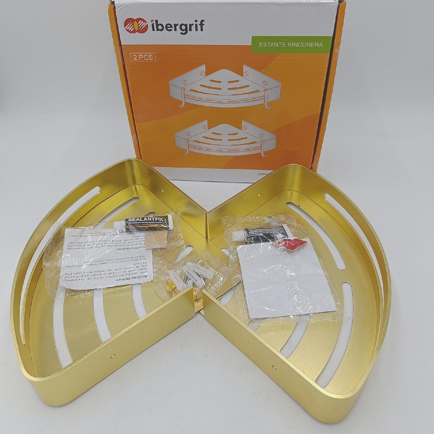 Ibergrif - Duschregal mit 2 Haken, Badezimmer-Organizer-Ecke, Ablagekorb, 3M ohne Bohrer, Aluminiumraum, 2 Packungen