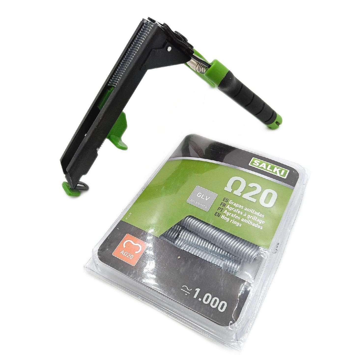 salki Heftklammer-Set mit Ladegerät FSK20C – Zaunzange mit integriertem Drahtschneider bis zu 3 mm Dicke + Blister mit 1000 Heftklammern ?20, verzinkt (3301310PA2)
