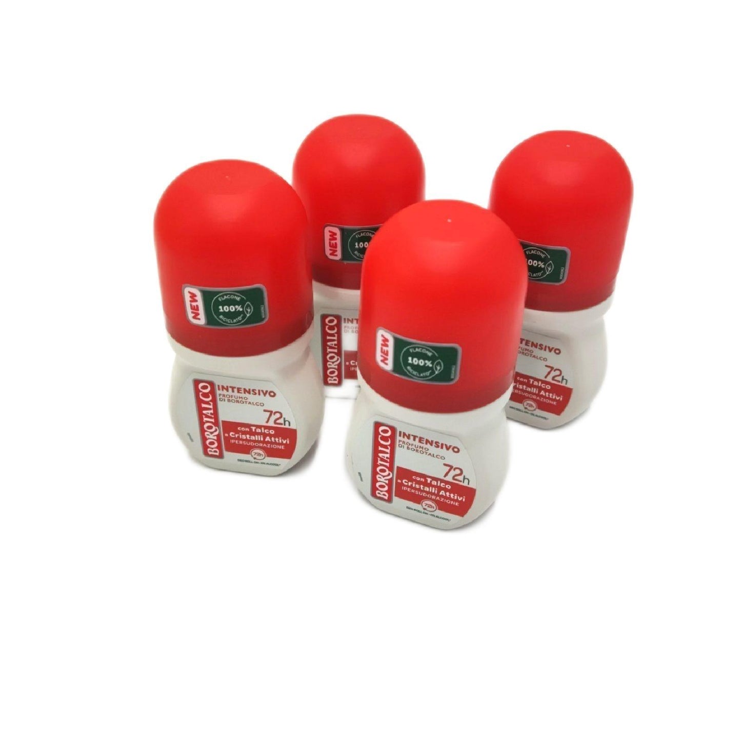 Borotalco, Intensives Deo Roll-on mit Talkum mit aktiven Kristallen, überschwitzen, ohne Alkohol, Puderduft, 72h Wirksamkeit – 4 Stück à 50 ml – Exklusiv von Amazon