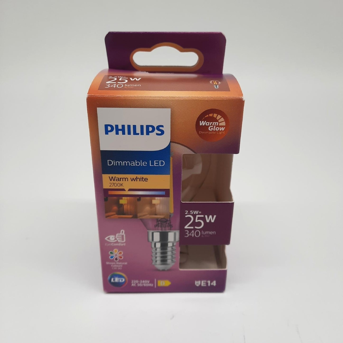 PHILIPS LED Classic E14 WarmGlow Lampe, 25 W, Tropfenform, dimmbar, klar, warmweiß