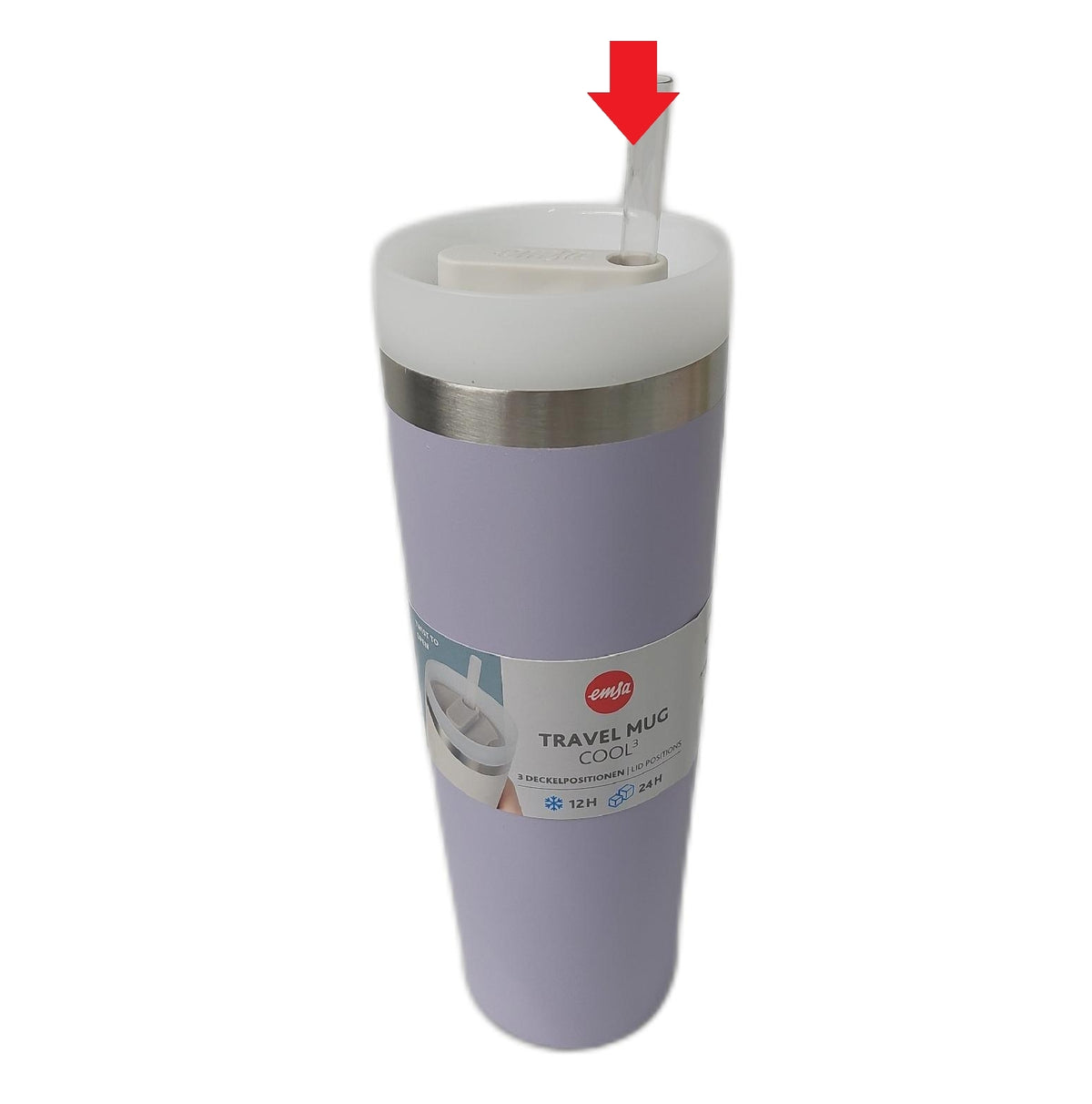 Emsa Travel Mug Cool Isolier Trinkbecher 05 L Edelstahl Lavendel mit Strohhalm 3 Deckelpositionen