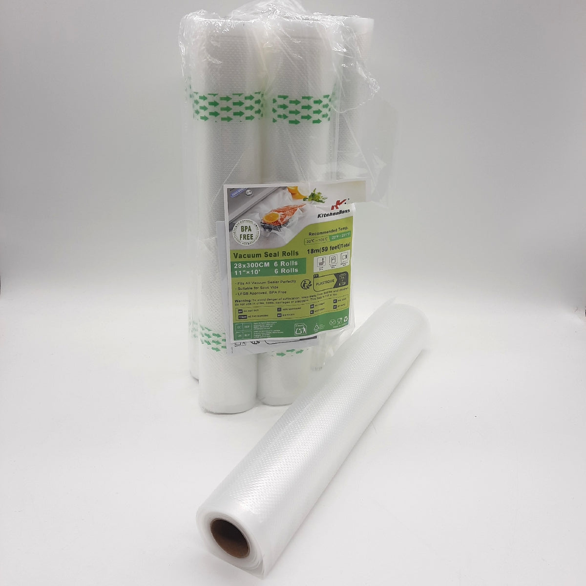 KitchenBoss Vakuumierbeutel 6 Rollen Vakuumierfolie?28x300cm Profi-Folienrollen für Vakuumiergerät & Sous Vide, Vakuumbeutel für Lebensmittel Reißfest und Kochfest