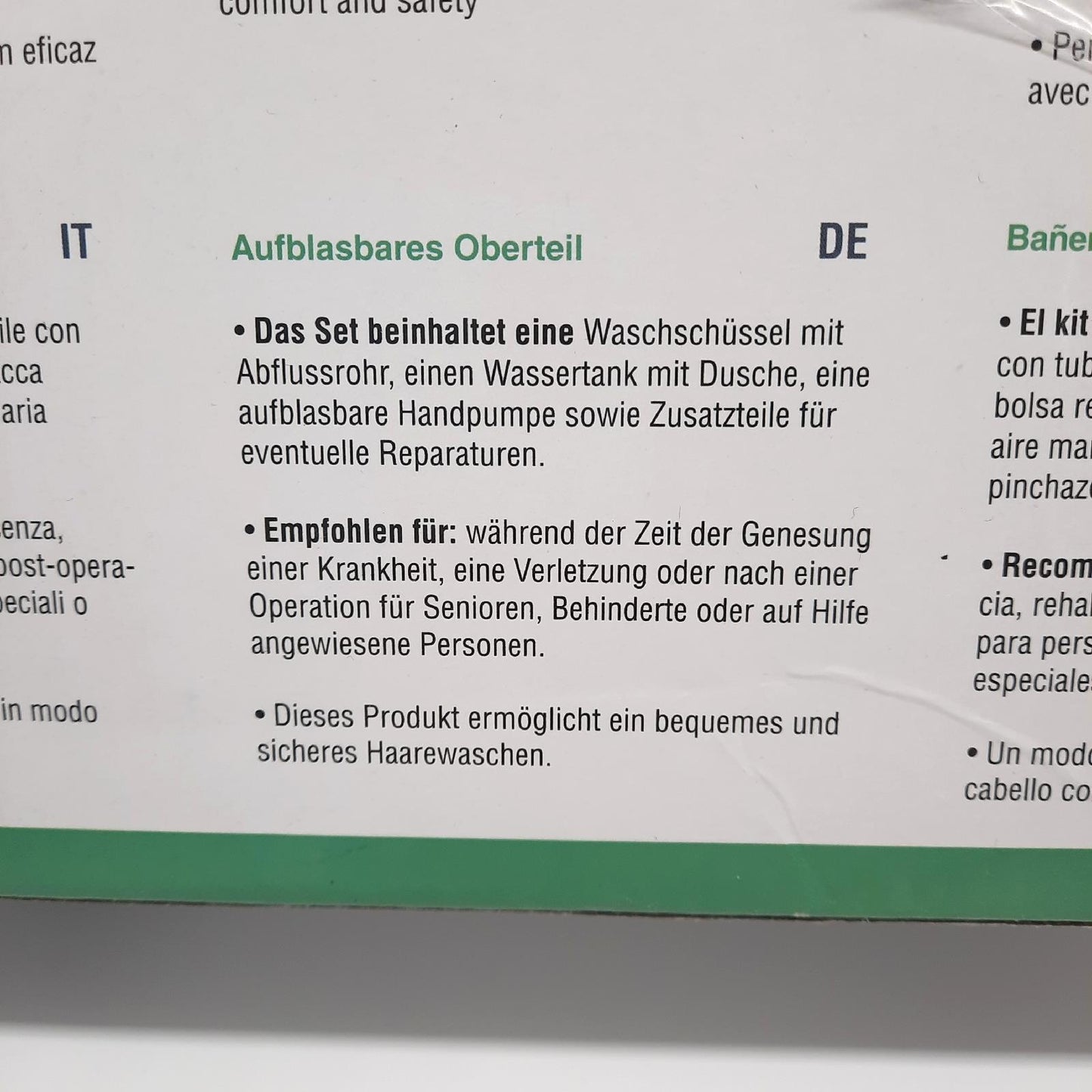 OrtoPrime Waschtisch Hygienebedarf Kopfschonende aufblasbare Waschtisch für Bett Komplettes Set mit Abflussschlauch Einfaches Reinigen