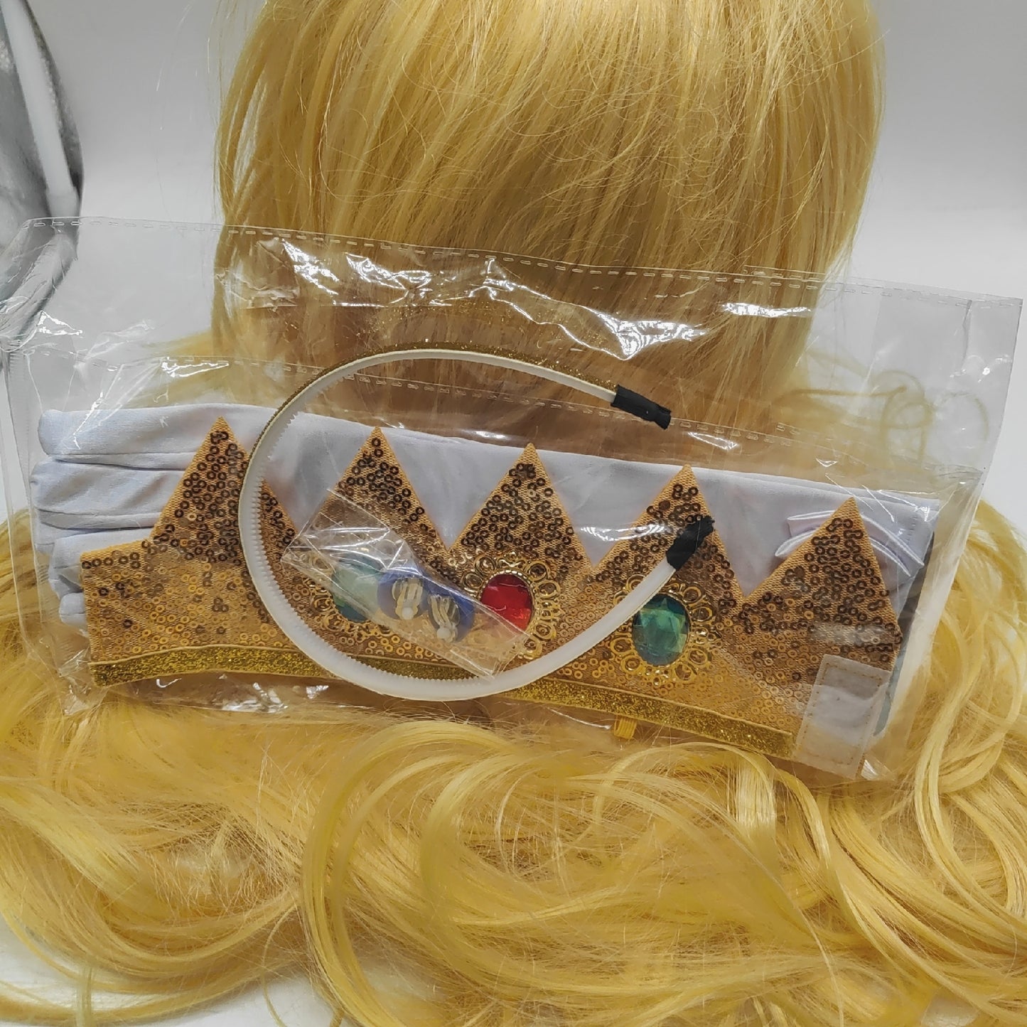 animacoser Prinzessin Peach Perückenkostüm-Set mit Krone, Ohrringen und Handschuhen