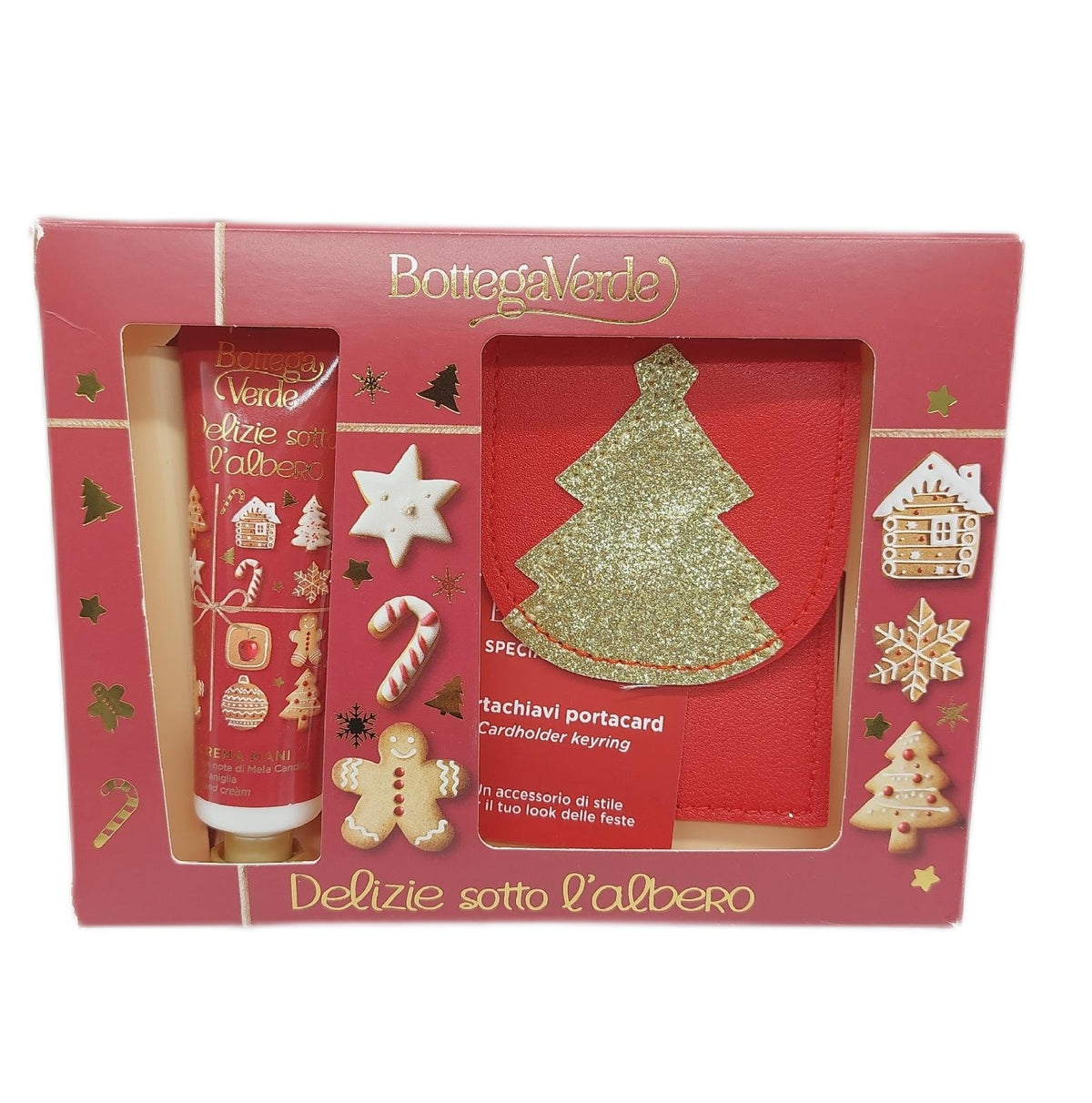 Bottega Verde - Geschenkbox Köstlichkeiten unter dem Baum, mit Handcreme 30 ml und Schlüsselanhänger mit Kartenhalter, Duft kandierter Apfel und Vanille, vegane und dermatologisch getestete Formel