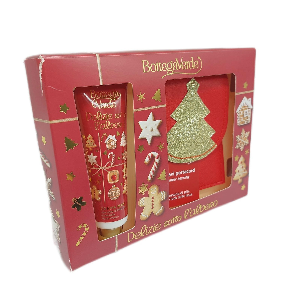 Bottega Verde - Geschenkbox Köstlichkeiten unter dem Baum, mit Handcreme 30 ml und Schlüsselanhänger mit Kartenhalter, Duft kandierter Apfel und Vanille, vegane und dermatologisch getestete Formel