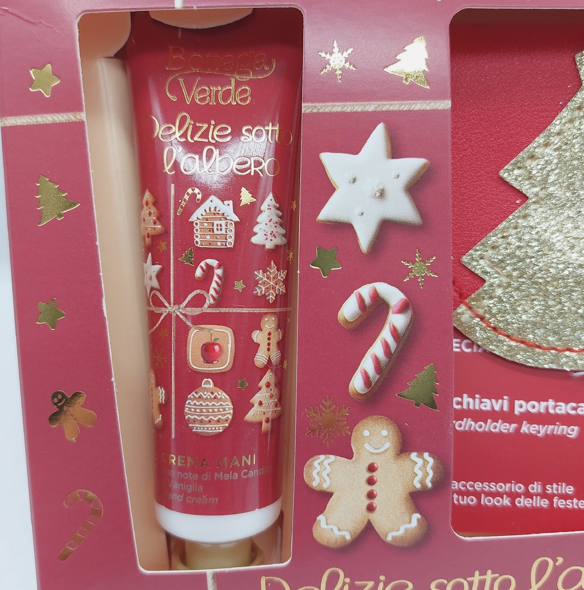 Bottega Verde - Geschenkbox Köstlichkeiten unter dem Baum, mit Handcreme 30 ml und Schlüsselanhänger mit Kartenhalter, Duft kandierter Apfel und Vanille, vegane und dermatologisch getestete Formel