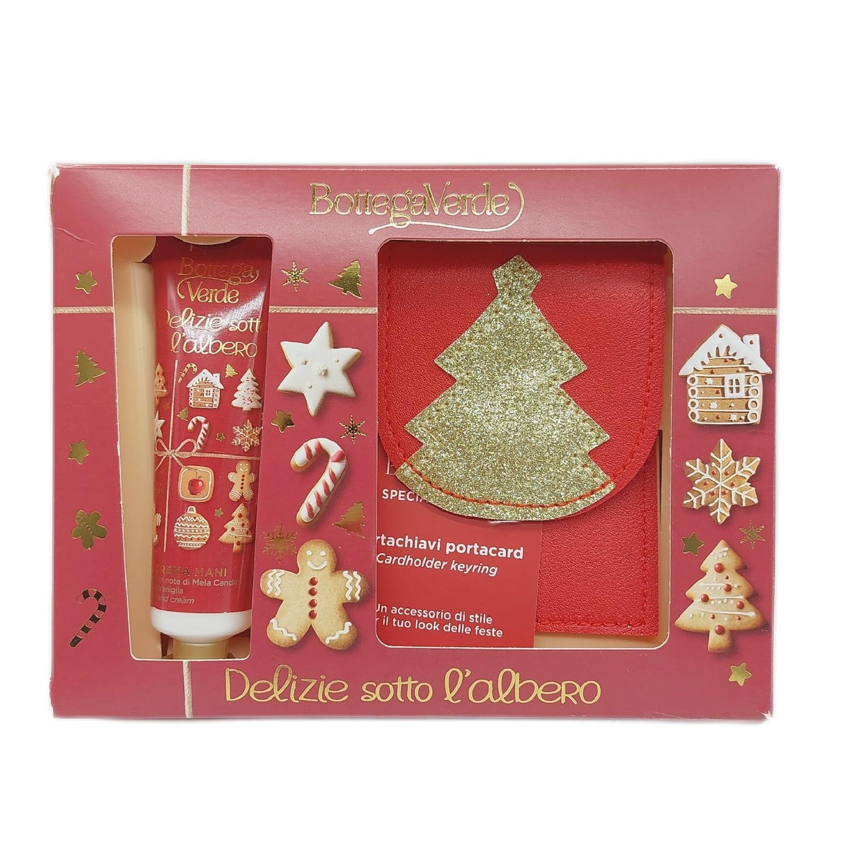 Bottega Verde - Geschenkbox Köstlichkeiten unter dem Baum, mit Handcreme 30 ml und Schlüsselanhänger mit Kartenhalter, Duft kandierter Apfel und Vanille, vegane und dermatologisch getestete Formel
