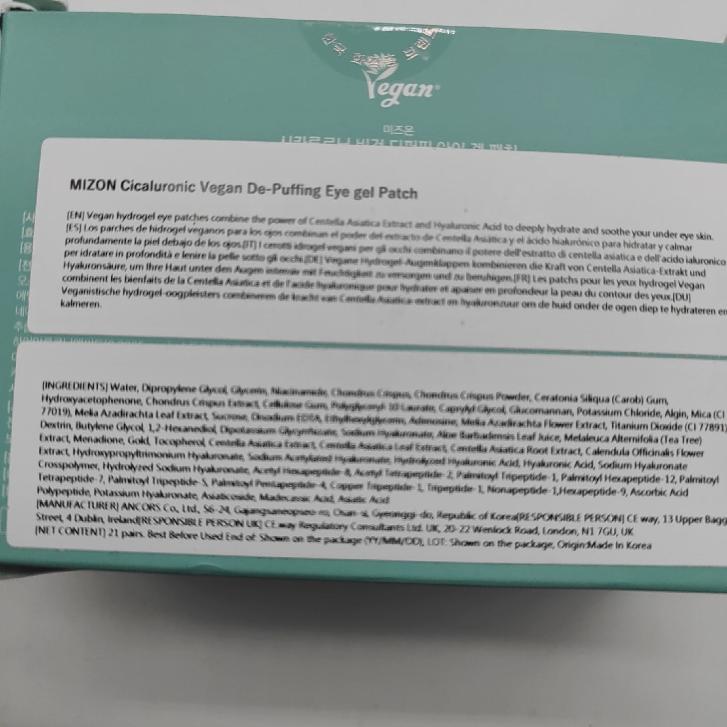 MIZON Vegane Gel-Augenpads mit Cicaluronic-Säure, 21 Paar, entzündungshemmend