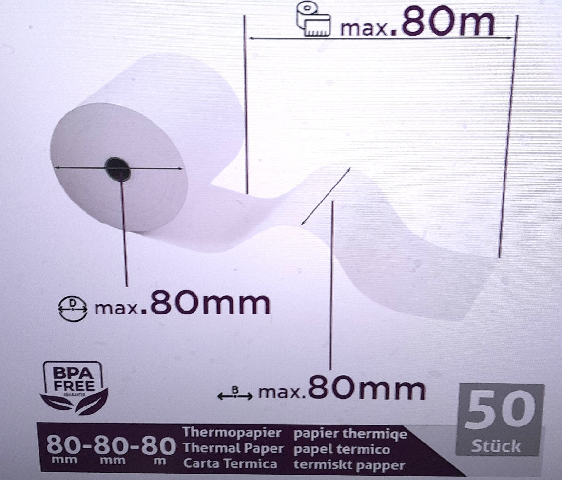Thermorollen Kassenrollen Bürobedarf 80 Millimeter x 80 Meter x 12 Mill
