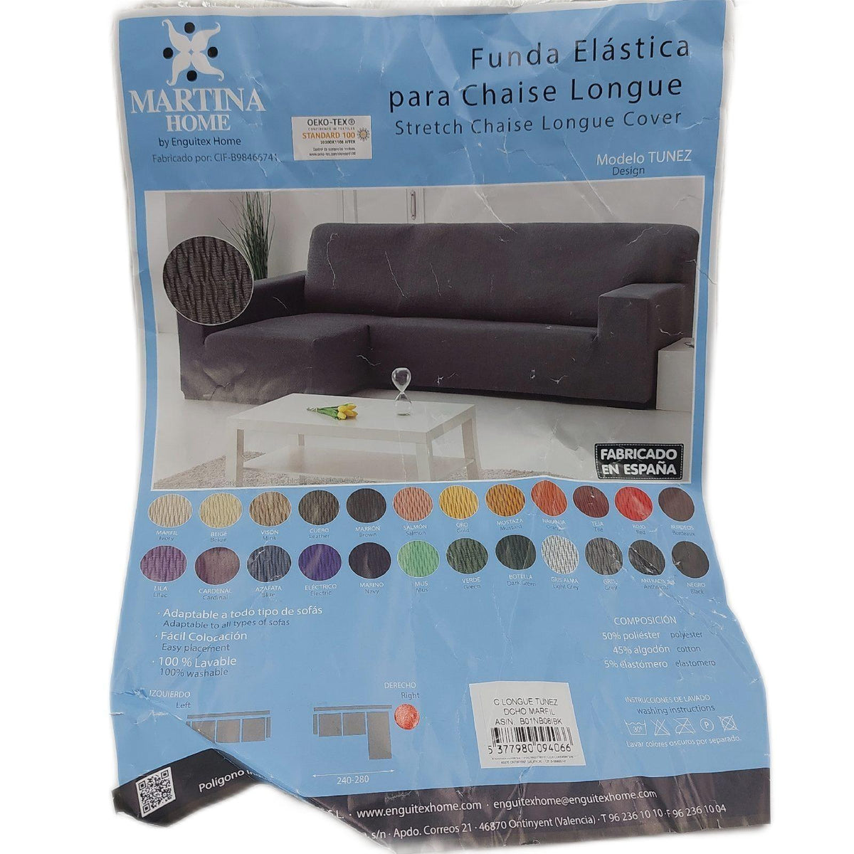 Martina Home - Elastischer Bezug für Sofa  Modell Túnez  Eckteil rechts  Stoff  Elfenbeinfarbe  3-Sitzer  BRAZO DERECHO visto de frente 240 cm a 280 cm