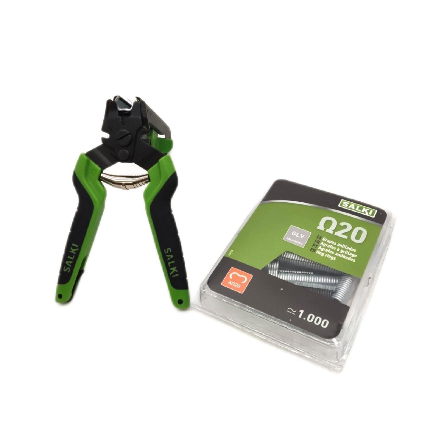 salki Heftklammer-Set mit Ladegerät FSK20C – Zaunzange mit integriertem Drahtschneider bis zu 3 mm Dicke + Blister mit 1000 Heftklammern ?20, verzinkt (3301310PA2)
